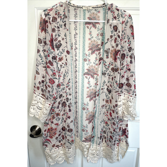Mason & Belle Tops - Mason & Belle Women's Boho Floral Kimono Duster Sz L Open Front Crochet Festival